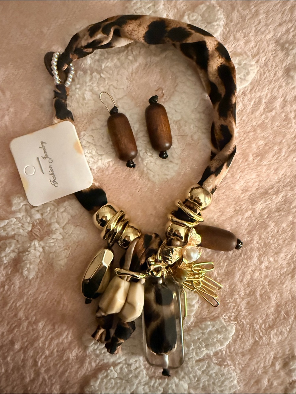 Fashion Jewelry Leopard Print Statement Necklace and Wood Bead Earrings - Brown
